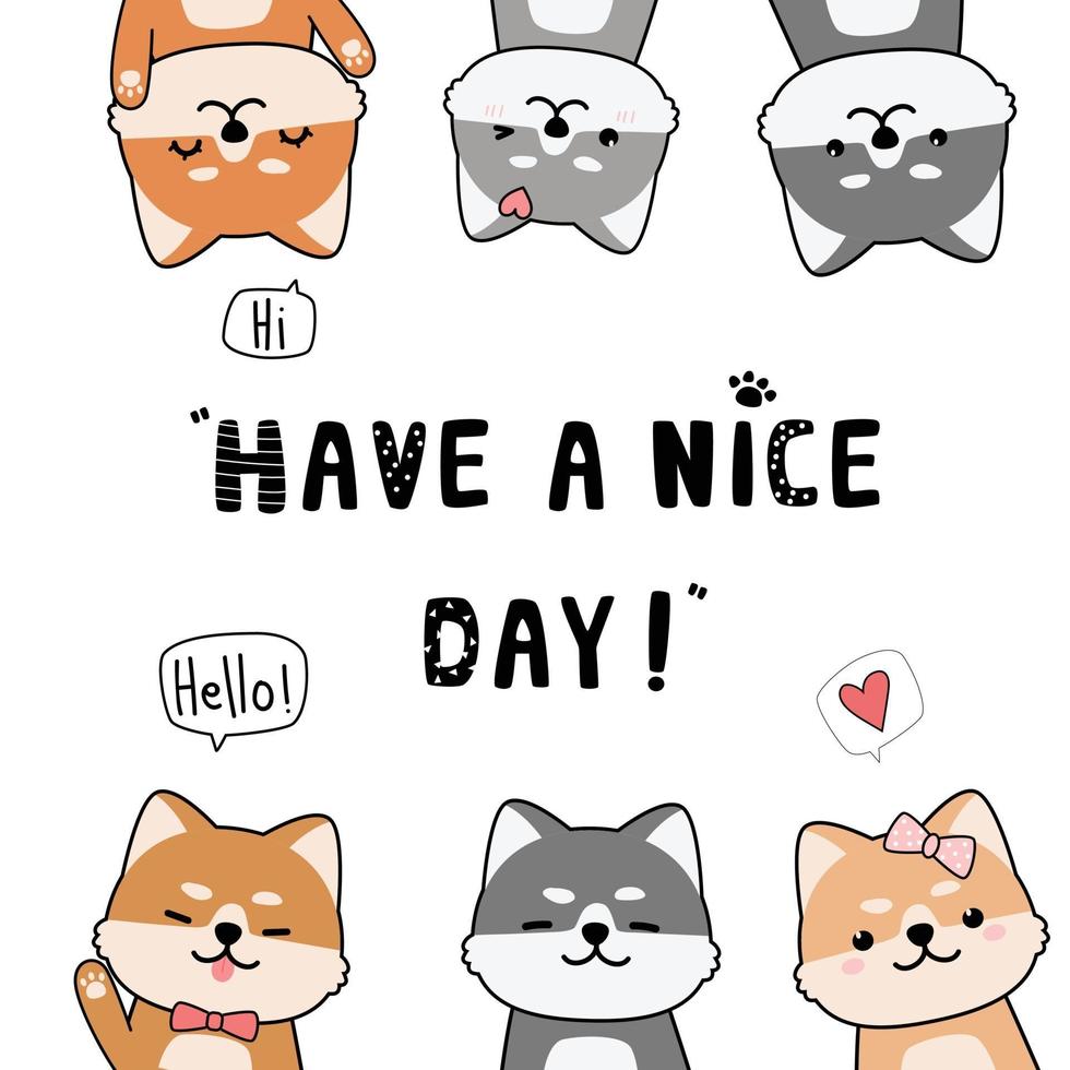 Cute shiba inu puppy dog greeting cartoon doodle card vector