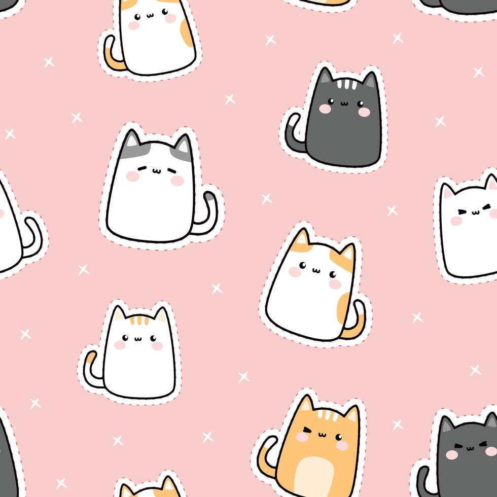 Cute chubby kitty cat cartoon doodle seamless pattern vector