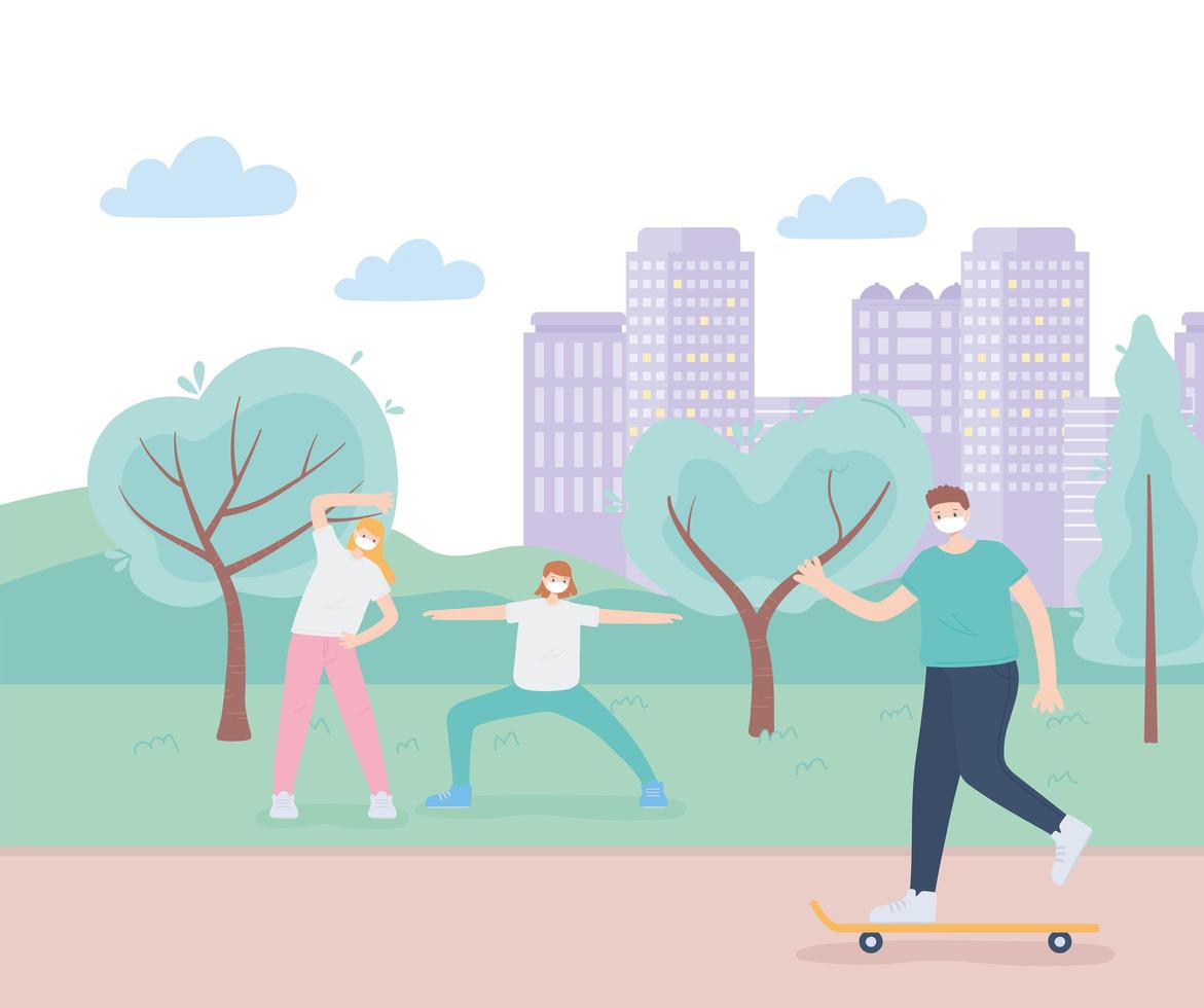 people doing outdoor activities with face masks vector