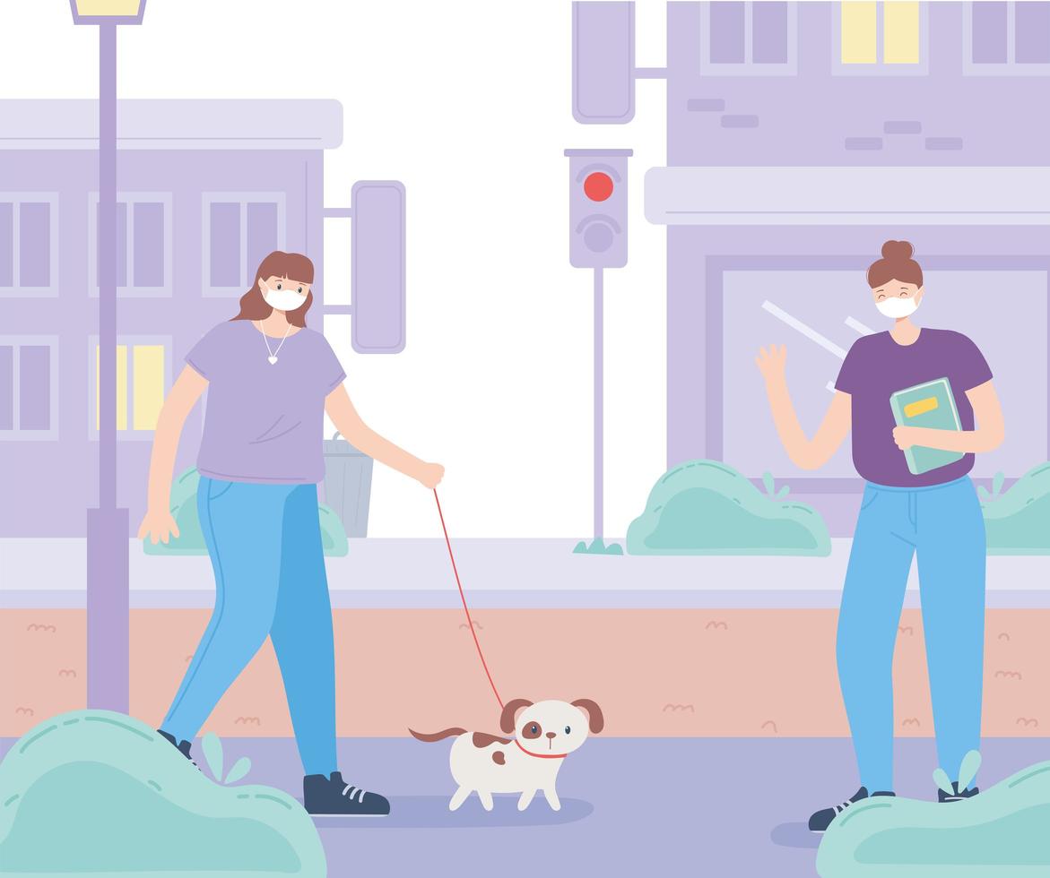 people doing outdoor activities with face masks vector