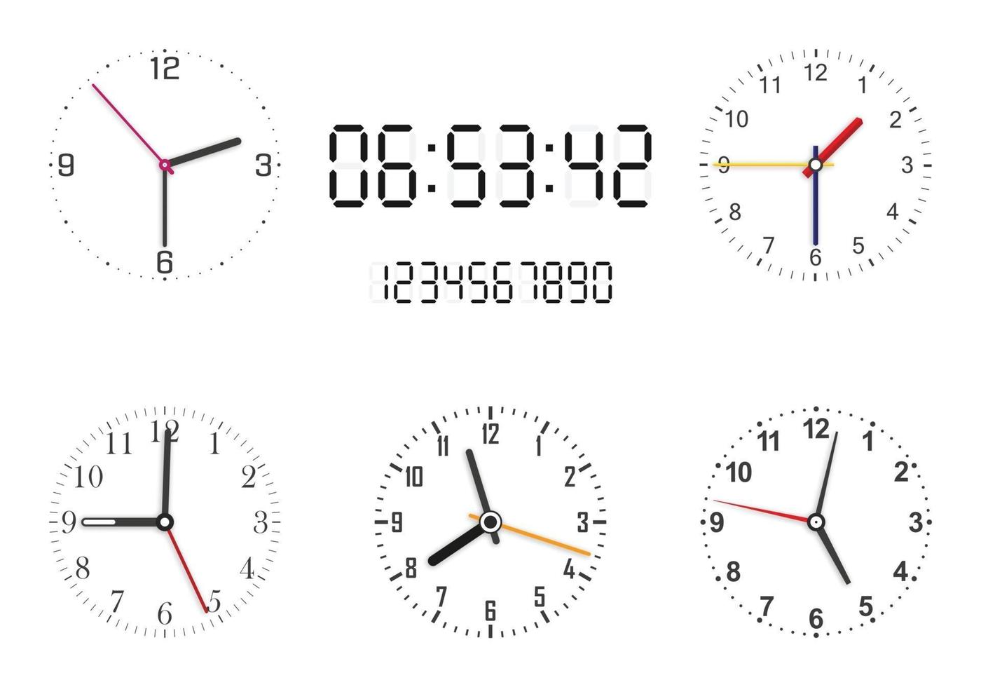 Conjunto de caras de reloj analógicas y digitales sobre fondo blanco. manecillas del reloj. vector