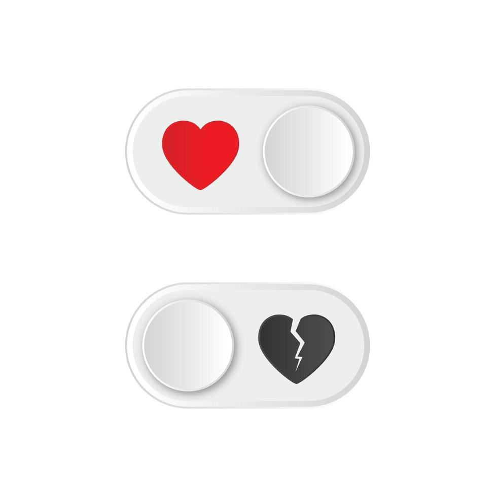 On and Off toggle switch buttons with red heart and broken heart. Happy Valentines day. vector