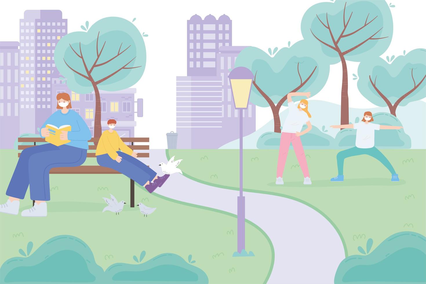 people doing outdoor activities with face masks vector