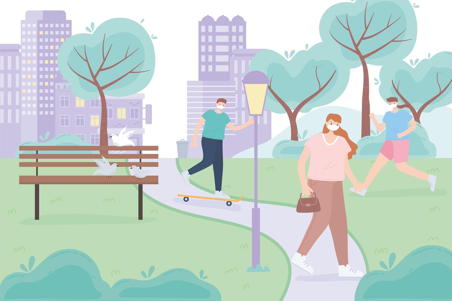 people doing outdoor activities with face masks vector