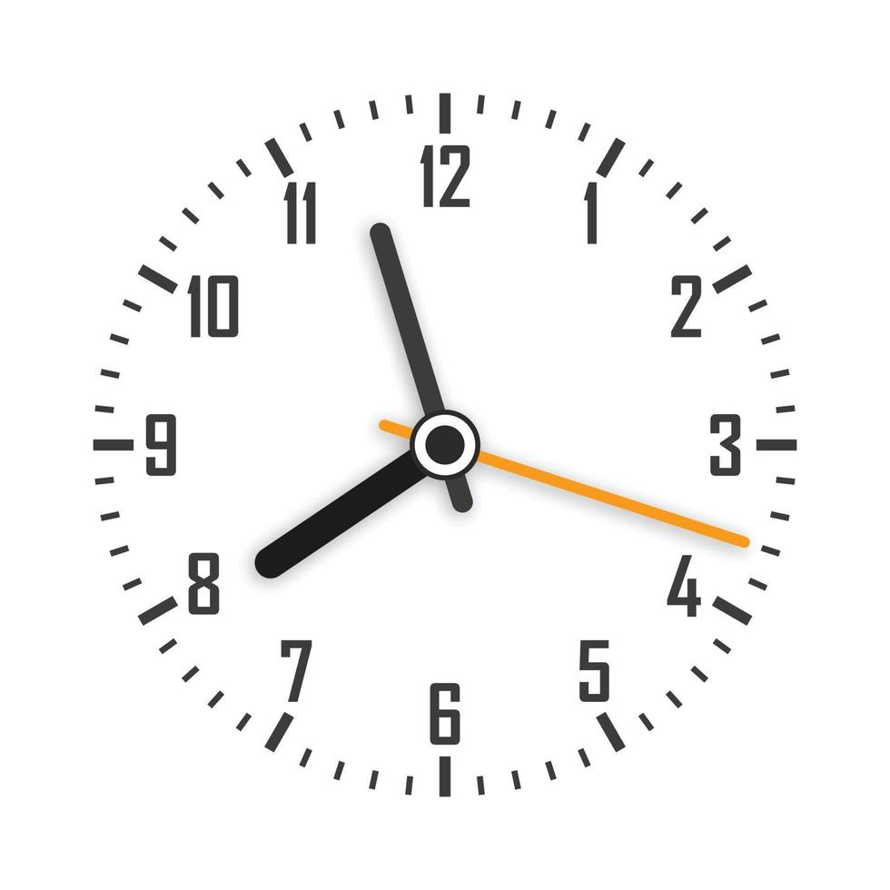 cara de reloj con sombra sobre fondo blanco. manecillas del reloj. vector