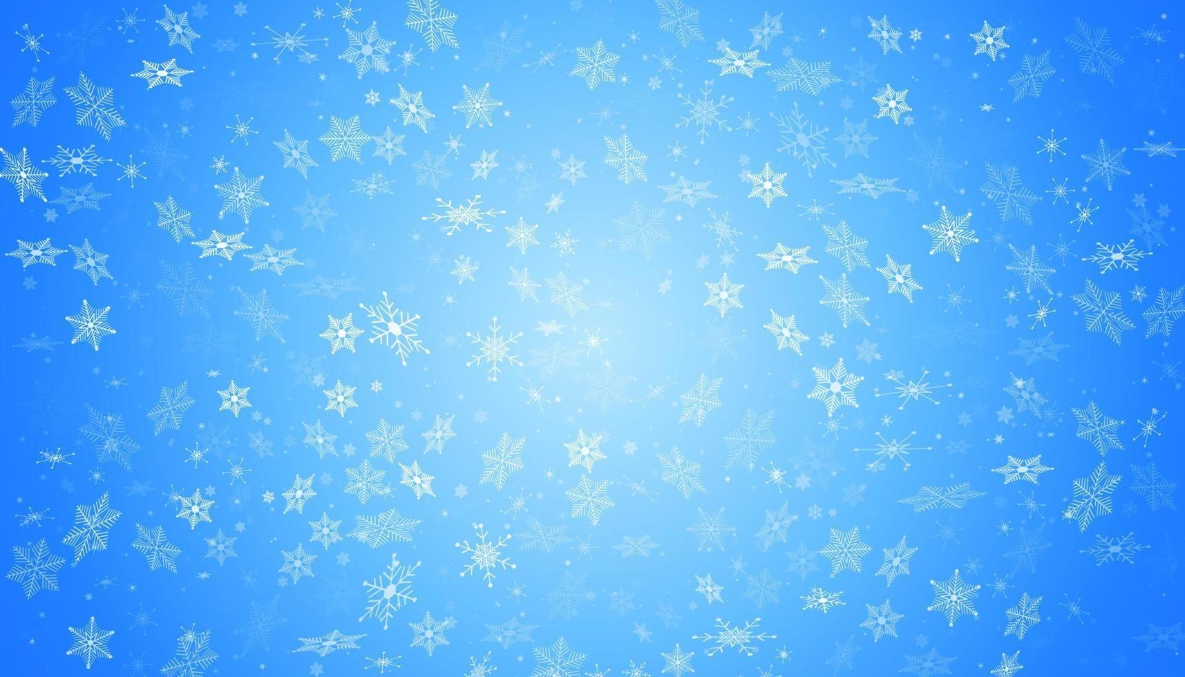 nieve blanca vuela sobre un fondo azul. copos de nieve de navidad. Ilustración de fondo de ventisca de invierno. vector