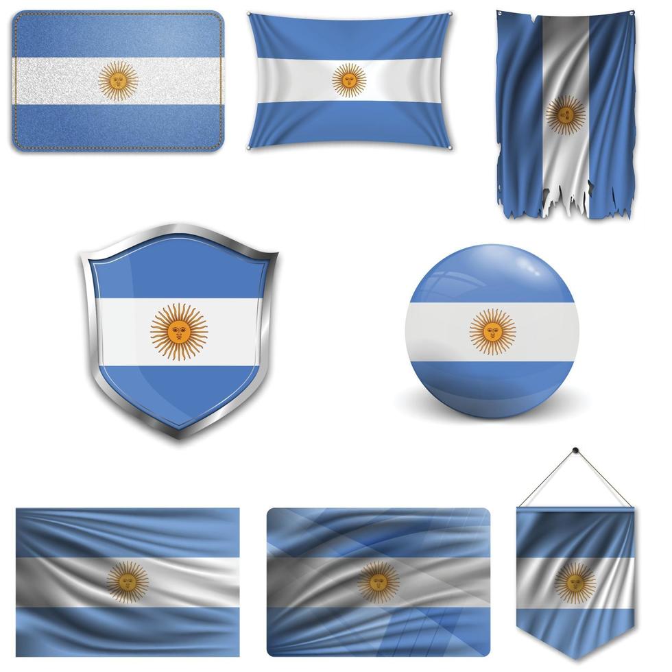 Set of the national flag of Argentina in different designs on a white background. Realistic vector illustration.