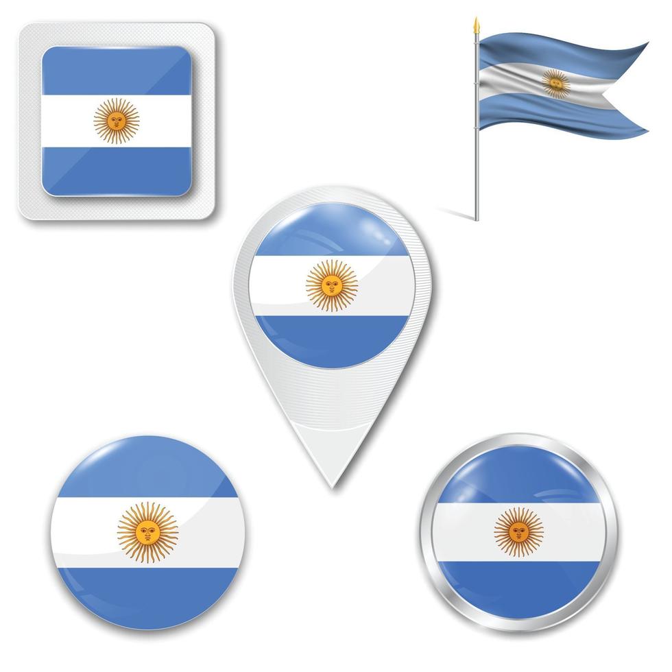 Set of icons of the national flag of Argentina in different designs on a white background. Realistic vector illustration. Button, pointer and checkbox.