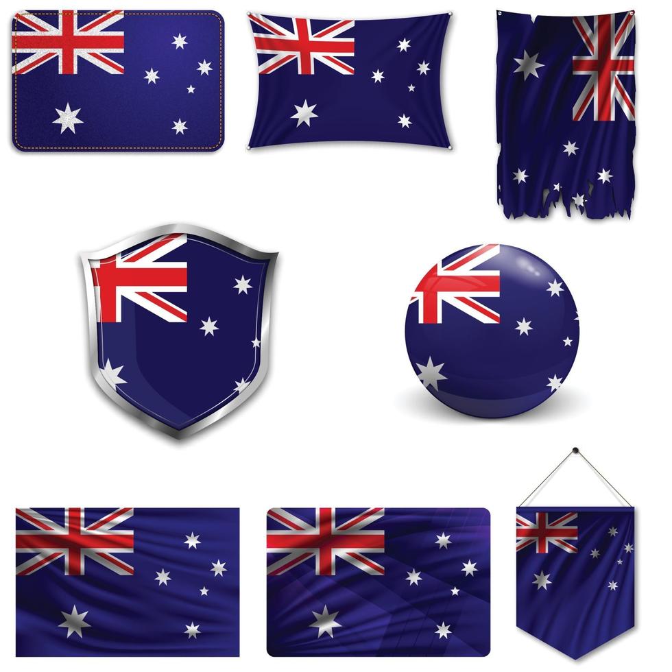 Set of the national flag of Australia in different designs on a white background. Realistic vector illustration.