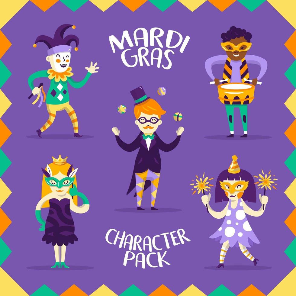 Pack of 5 Characters for Mardi Gras vector