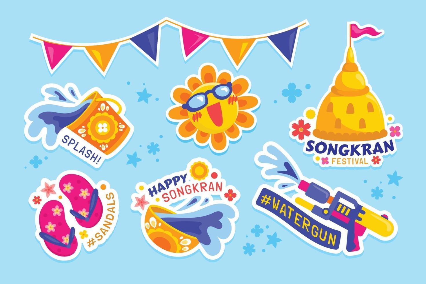 feliz festival de songkran set de pegatinas vector