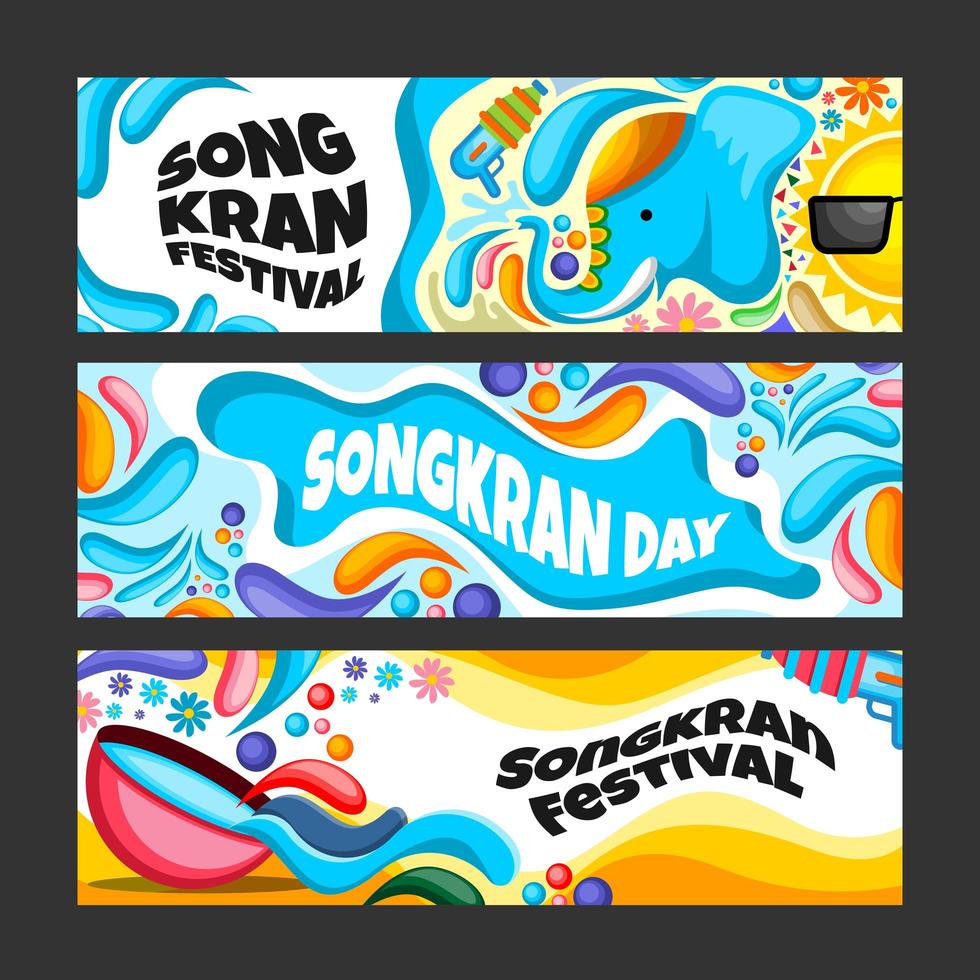 Cartoon Songkran Water Festival Banner Set vector