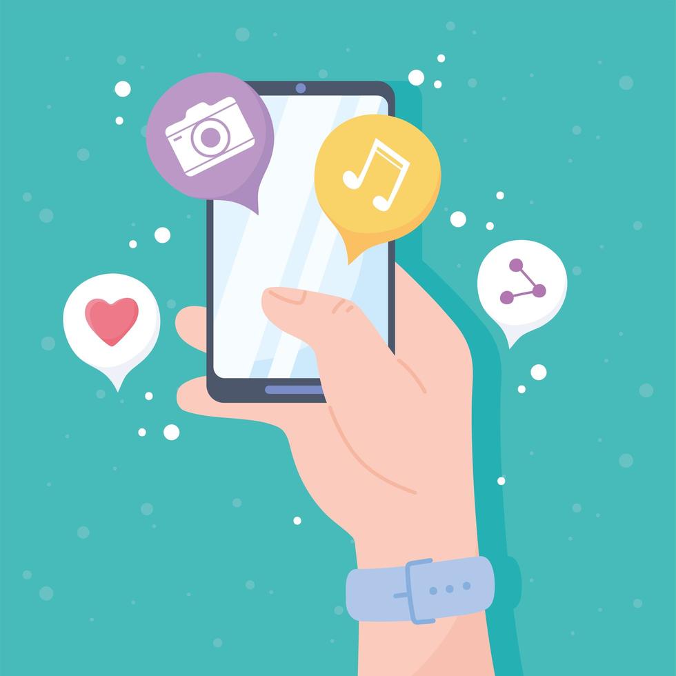 Hand with smartphone, social media concept vector