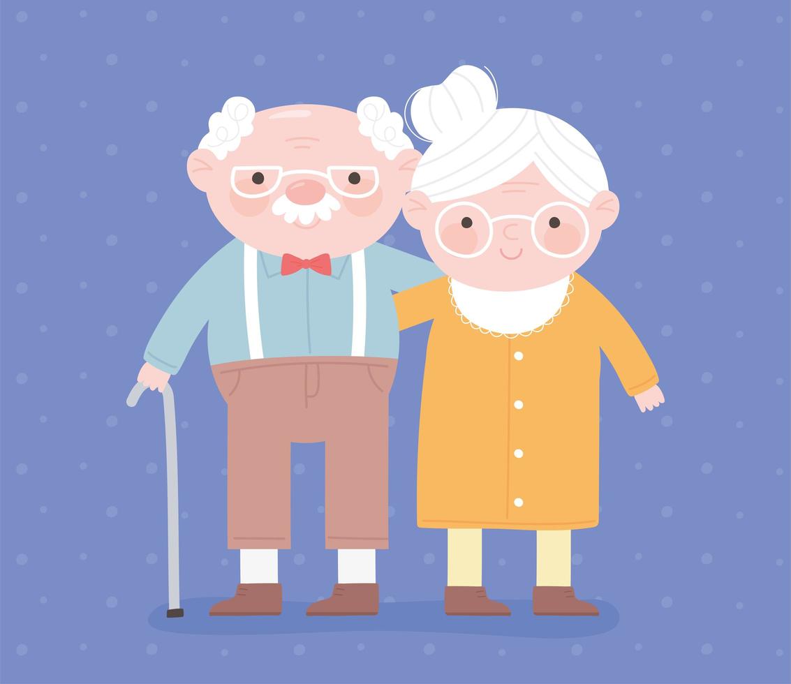 happy grandparents day, grandpa with walk stick and grandma character cartoon card vector