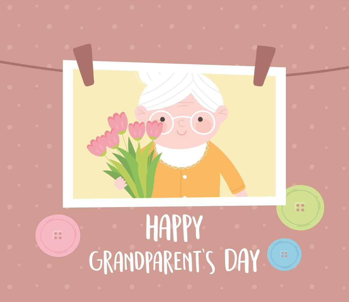 happy grandparents day, hanging photo with granny holding flowers cartoon card vector