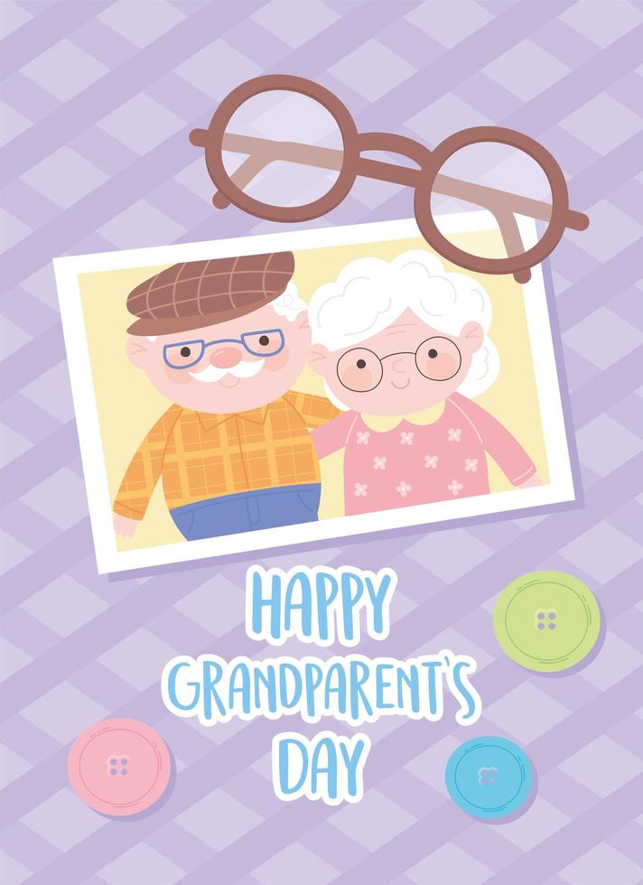  feliz día de los abuelos, abuelo y abuela juntos foto con gafas y botones decoración tarjeta de dibujos animados   Vector en Vecteezy