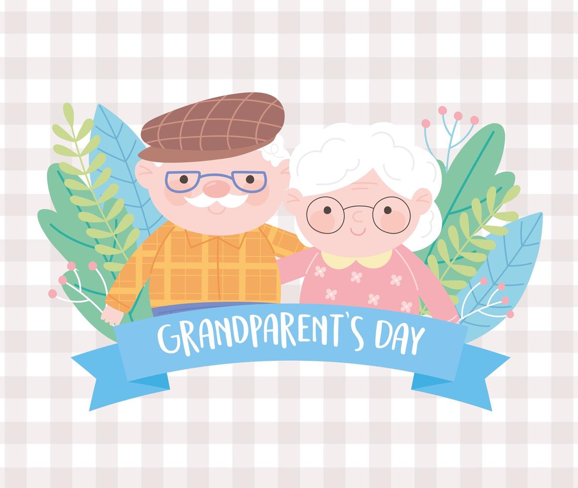 happy grandparents day, cute old couple with flowers cartoon checkered background vector