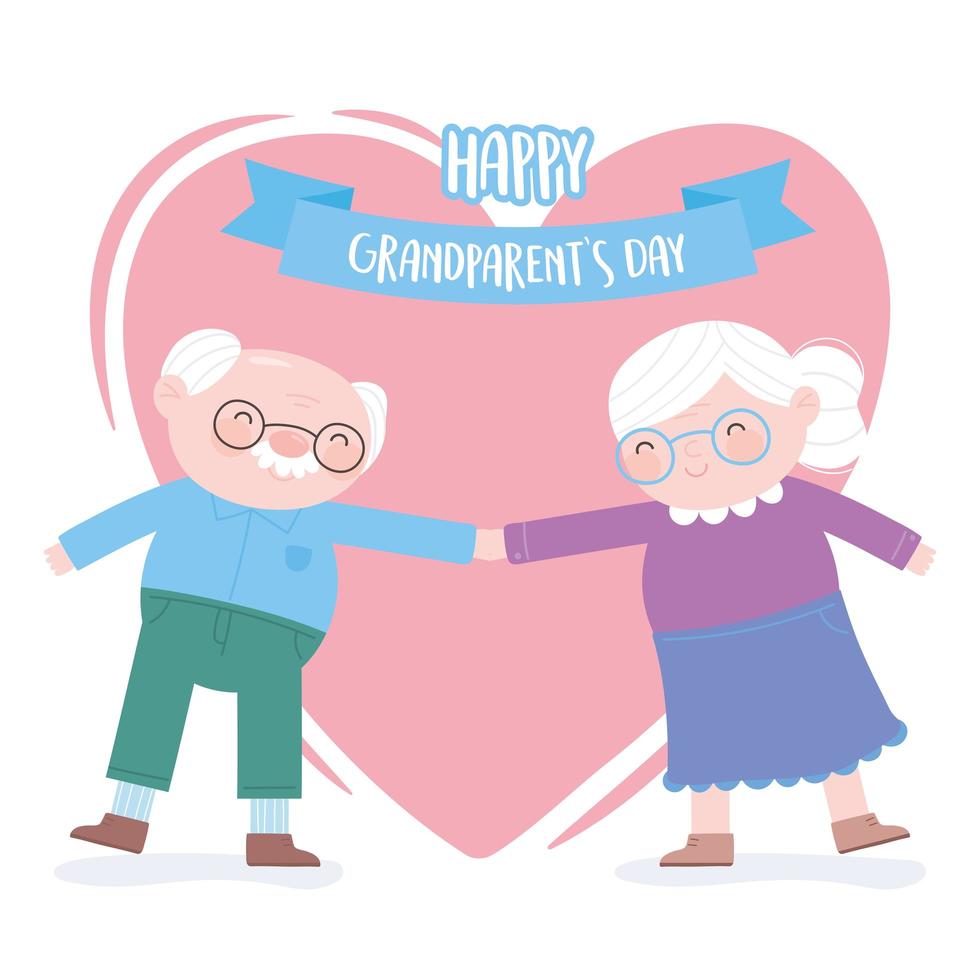 feliz día de los abuelos, pareja de ancianos tomados de la mano en una tarjeta de dibujos animados en forma de corazón vector