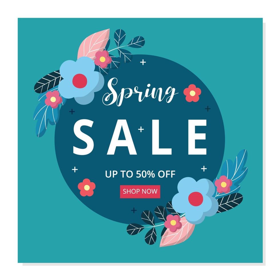 Spring sale banner and social media post template. Vector flat design with flowers.