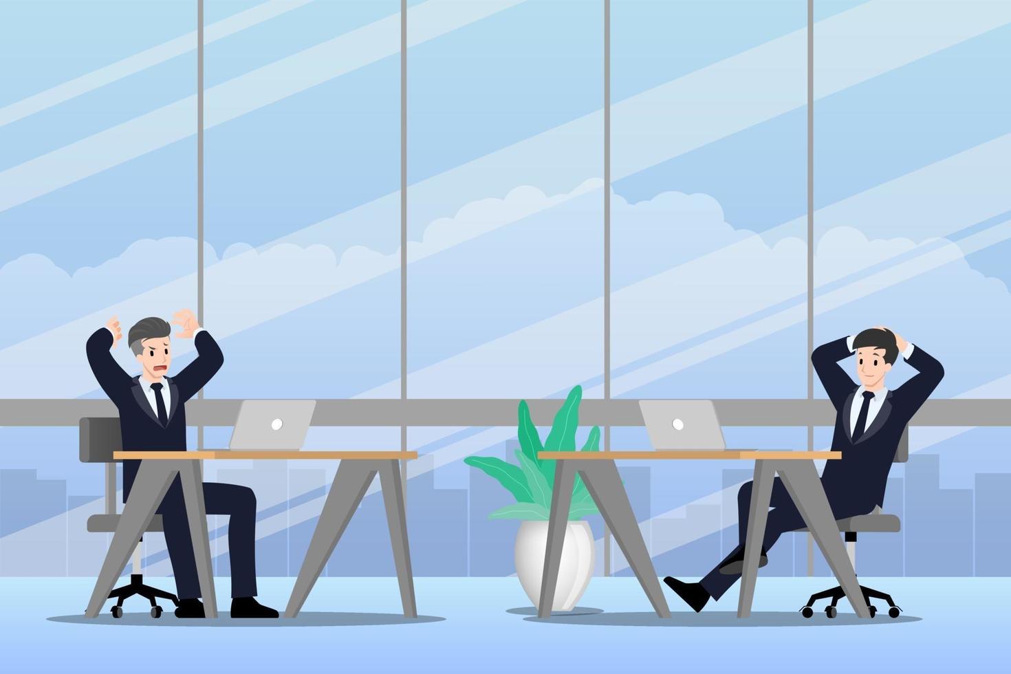 Businessman working in different emotions. Two businessmen have contrast situation in work. One can finished but the other one is very confused and busy. Illustration vector design.