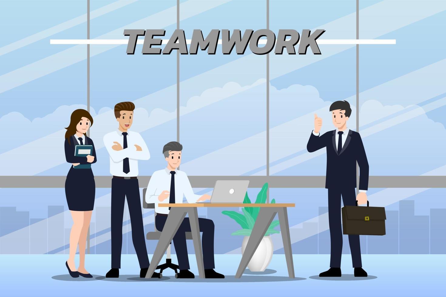 Flat design concept of Businessman and Businesswoman teamwork with different poses, working and presenting vector