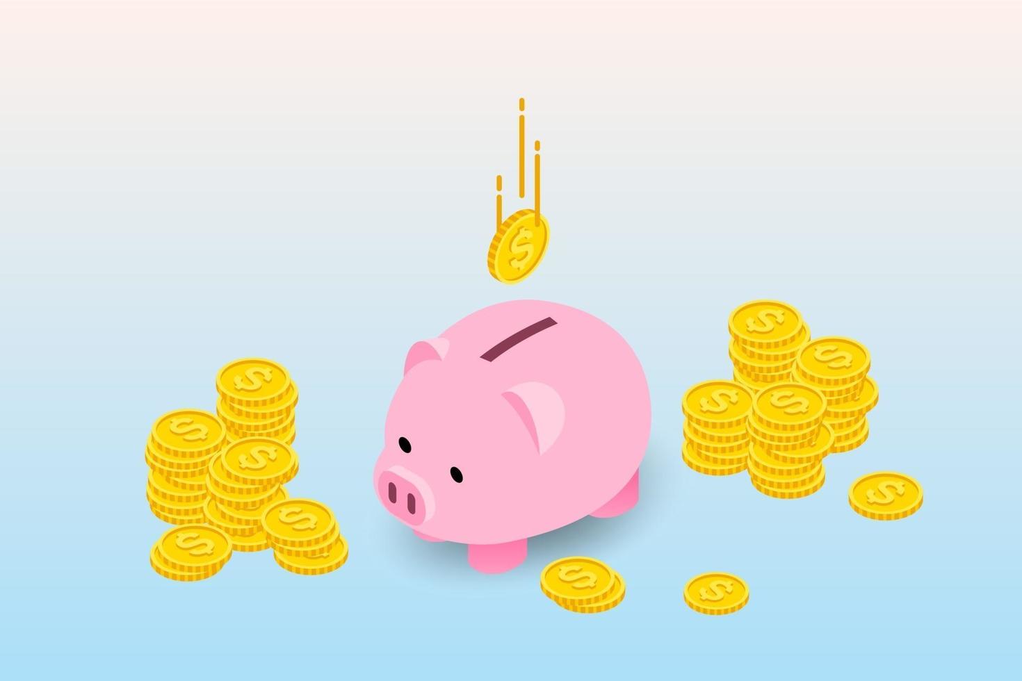 Isometric design of piggy bank with coins and falling coins. The money collecting concept, deposit for future investment in financial institution. vector