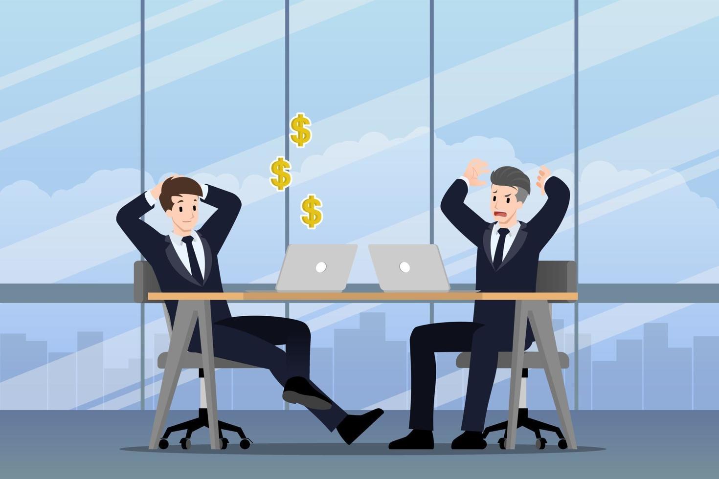 Businessman working in different emotions. Two businessmen have contrast situation in work. One can make money profit but the other one is very confused and busy. Illustration vector design.