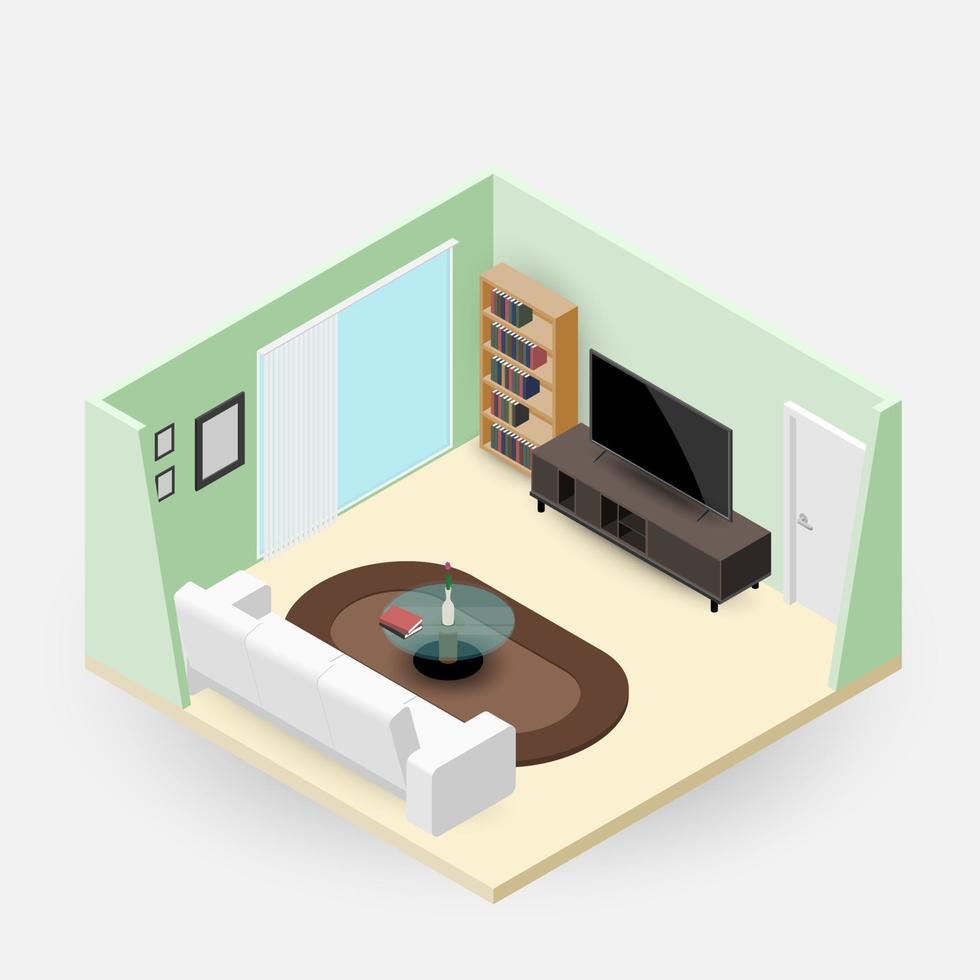 Concept room, isometrics 3d composition with a sofa and a large wide screen TV, a living room with many furnitures, a window and door vector modern design.