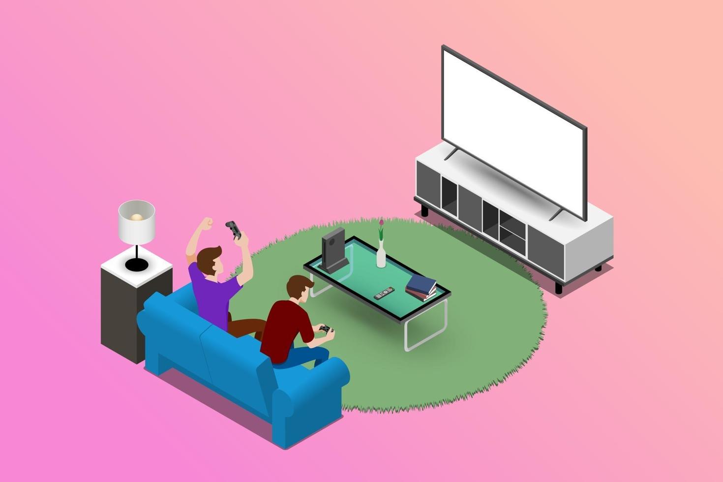Couple of men character playing a game console on large LED screen TV and sitting on sofa in a living room for entertaining in modern house interior concept. Vector flat isolated illustration design.