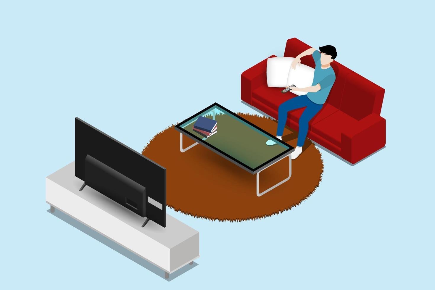 Personaje de hombre viendo un programa de televisión LED de pantalla grande, noticias sentado en el sofá en la sala de estar para recibir invitados en casa. concepto interior de la casa moderna. diseño de ilustración de vector plano de dibujos animados aislado.