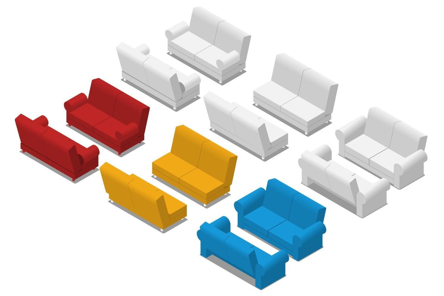 Isometric sofa set isolated on white background. Realistic 3d sofa, furniture office. Modern interior element of living room. Vector illustration design.