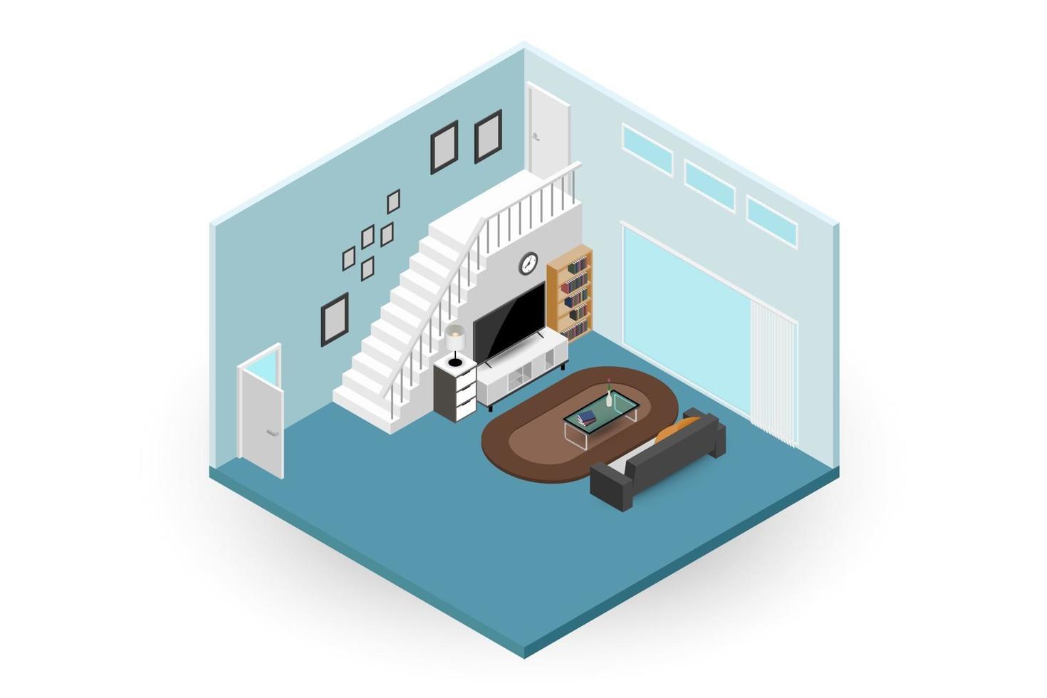 Concept room, isometrics 3d composition with a sofa and a large wide screen TV, a living room with many furnitures, a window and door open vector modern design.