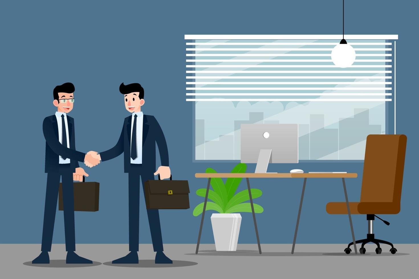 Two Businessmen standing and shake hands each other for cooperation and make a deal in the office. vector