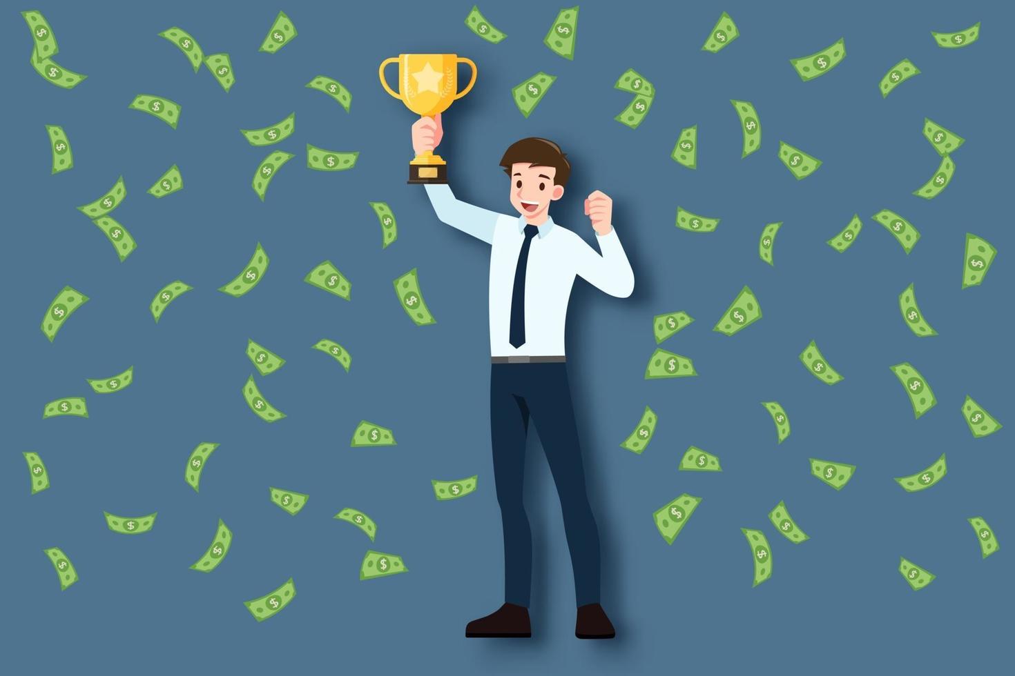 A successful young businessman in suit with happy face holding a gold trophy cup. Business people raise up a winner award under the money rain. A leader male character success concept. vector