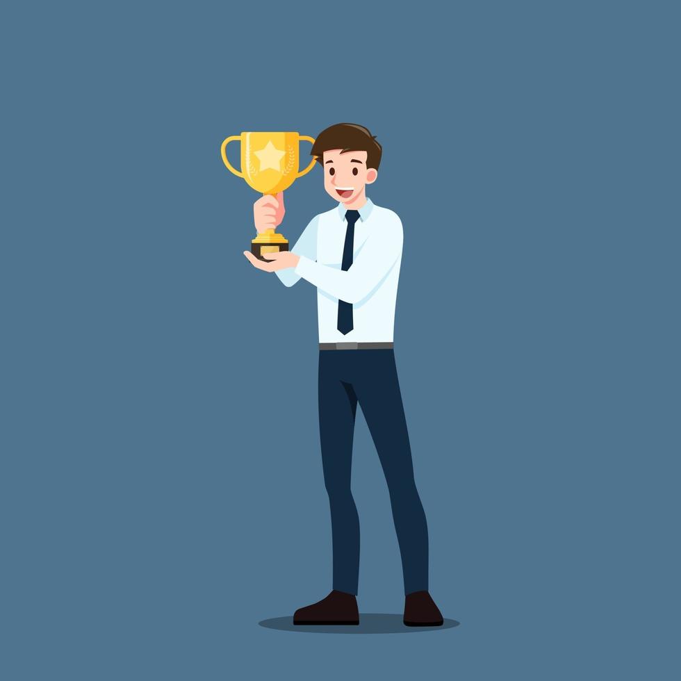 A successful young businessman raises up and holding a gold trophy cup. Winner or leader male character with business success concept. vector