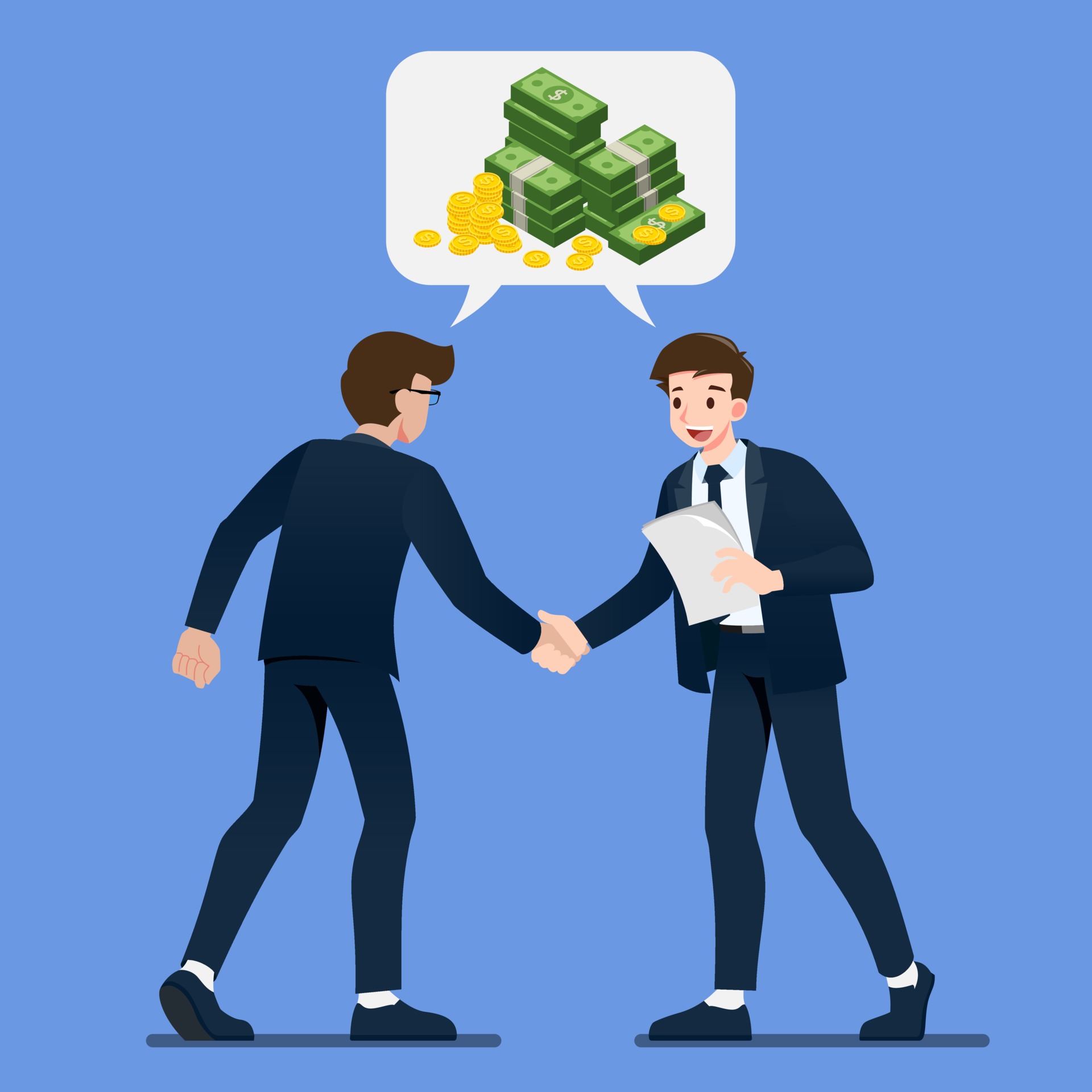 Businessman shaking hands. Business people making a deal about money  investment concept with isometric coins and money dollars in bubble chat  talk. Vector illustration in flat cartoon style. 2057924 Vector Art at