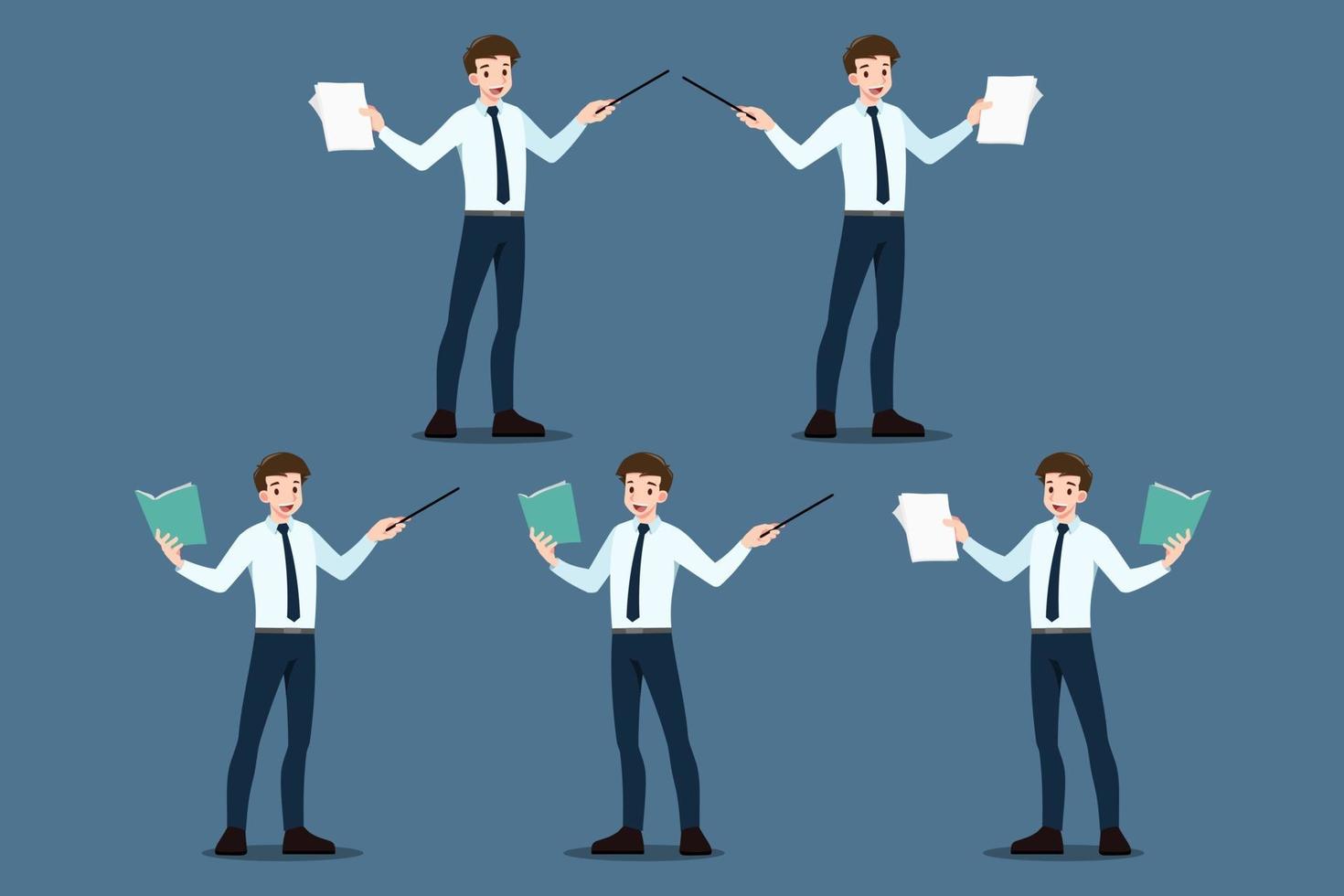 Set of businessman poses. Pointing to educate, presentation, meeting, conference, mentor, coach on seminar, annual report training concept. Business company briefing and analysis discussion. vector