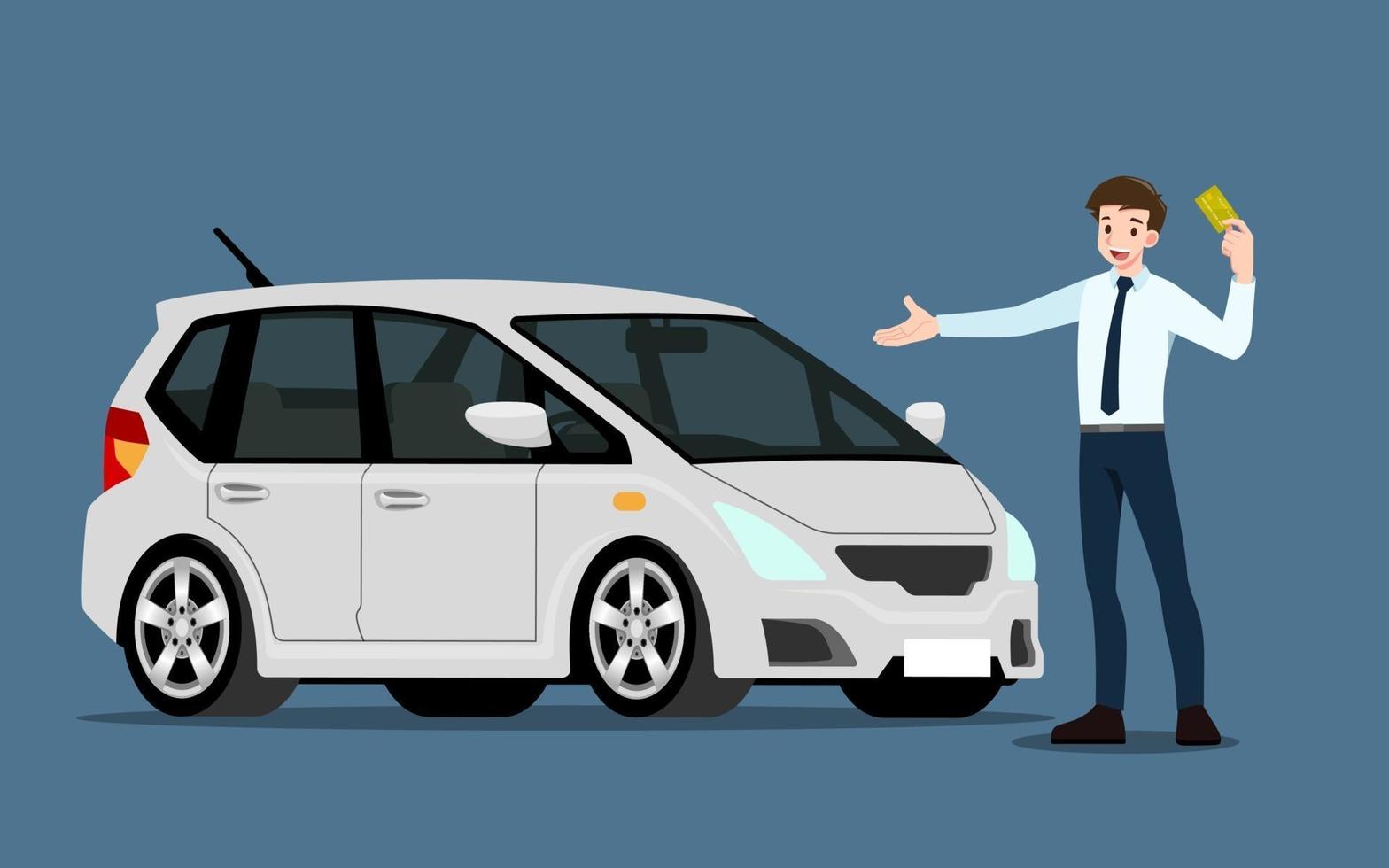 A happy businessman, salesman presents his vehicle to sell or rent. Business people or car dealer, shows his new car in show room. Vector illustration design.