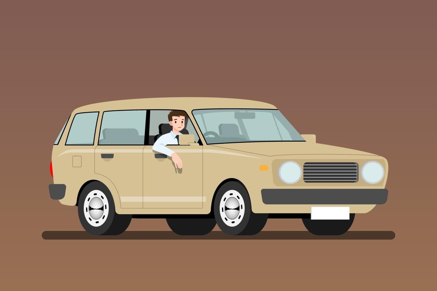 empresario conduciendo un coche viejo al trabajo. Los empresarios conducen un vehículo amarillo claro oxidado y barato. diseño de ilustración vectorial aislado. vector