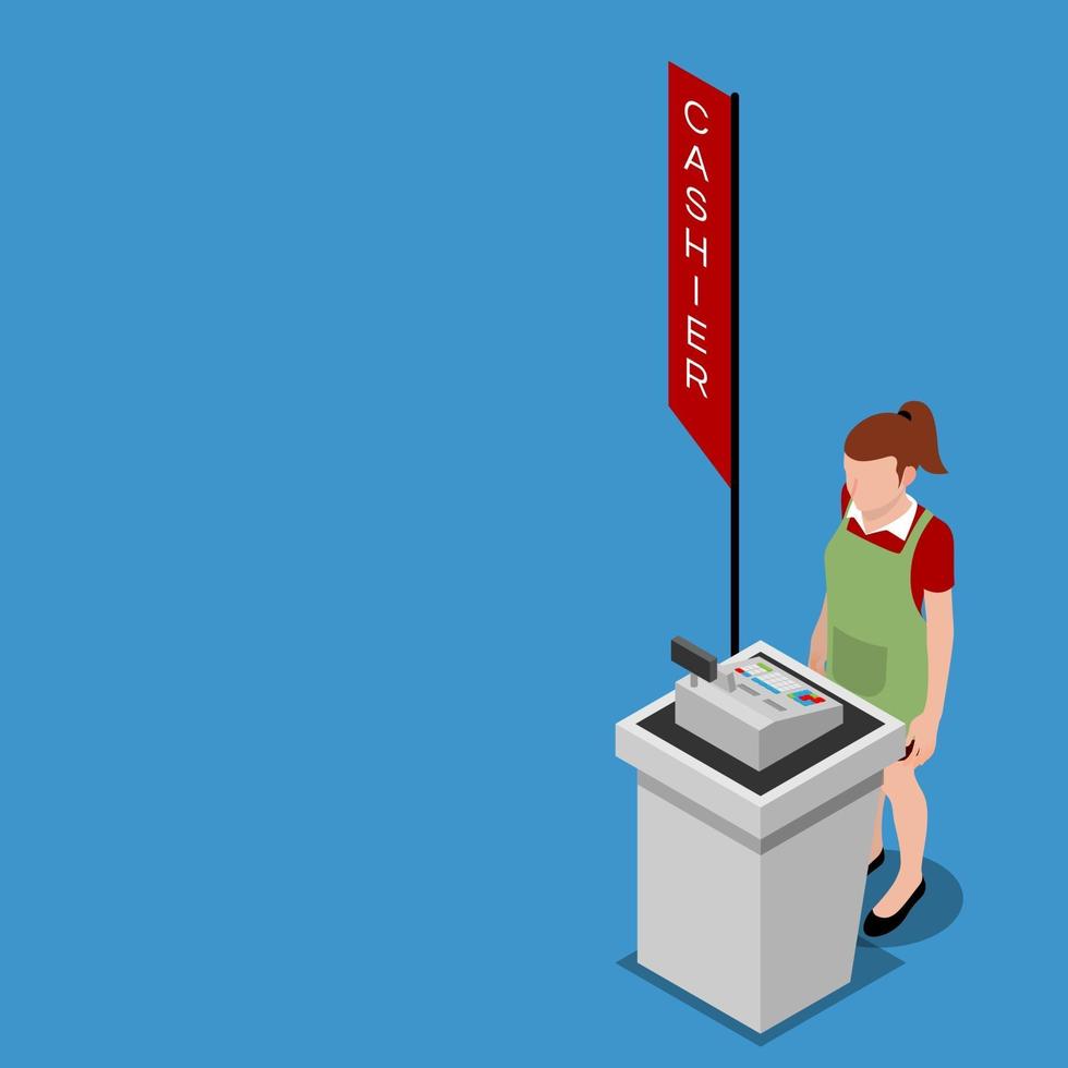 Isometric 3d of cashier counter with employee vector