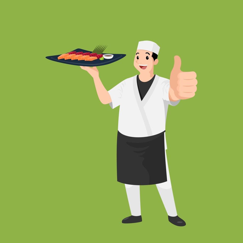 Happy Japanese chef, cartoon portrait of young cook wearing hat and chef  uniform holding dish of sushi and doing thumb up sign gesture 2057944 Vector  Art at Vecteezy