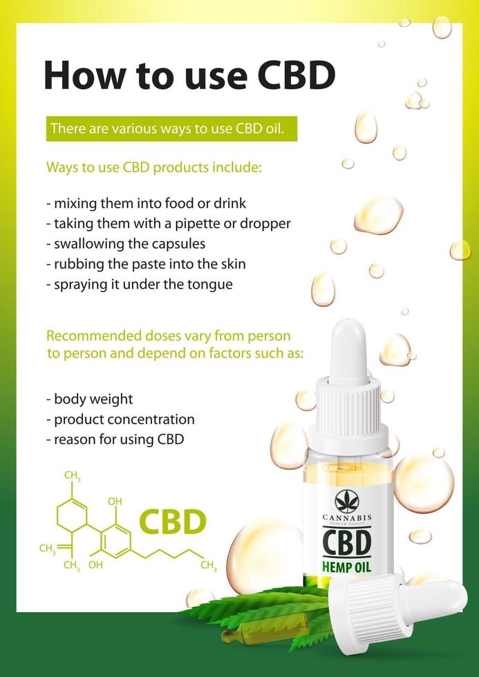 cómo usar cbd, usos médicos para el aceite de cbd de la planta de cannabis, cartel vertical con botella de vidrio transparente de aceite de cbd médico y hoja de cáñamo vector