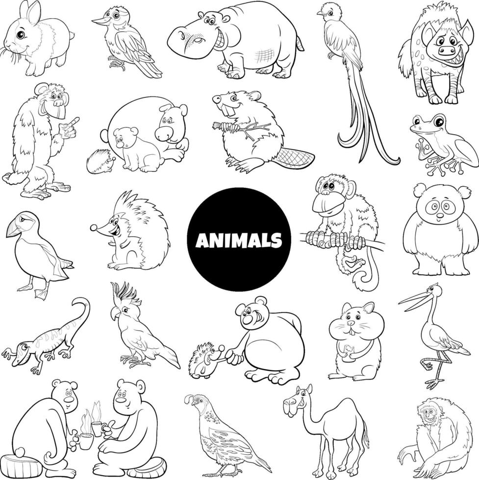 black and white cartoon wild animal characters big set vector