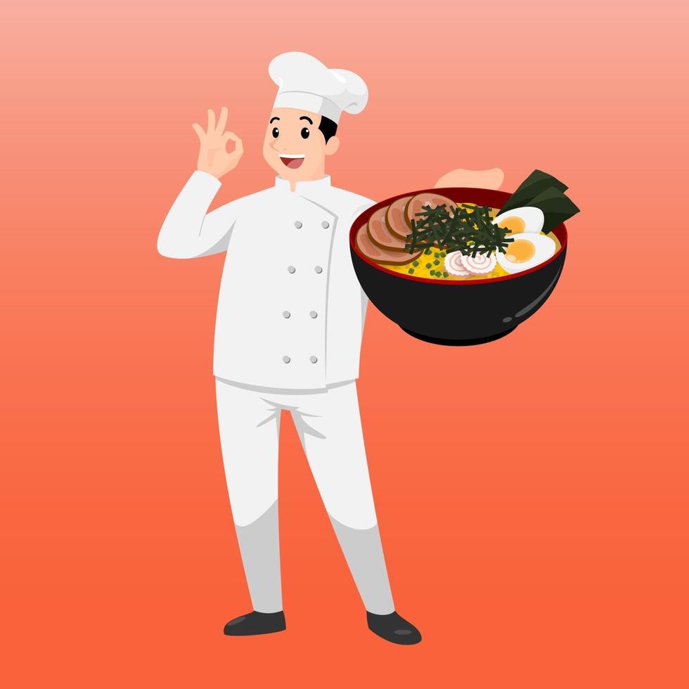 Happy chef, cartoon portrait of young cook wearing hat and chef uniform holding bowl of ramen and doing OK sign gesture. vector