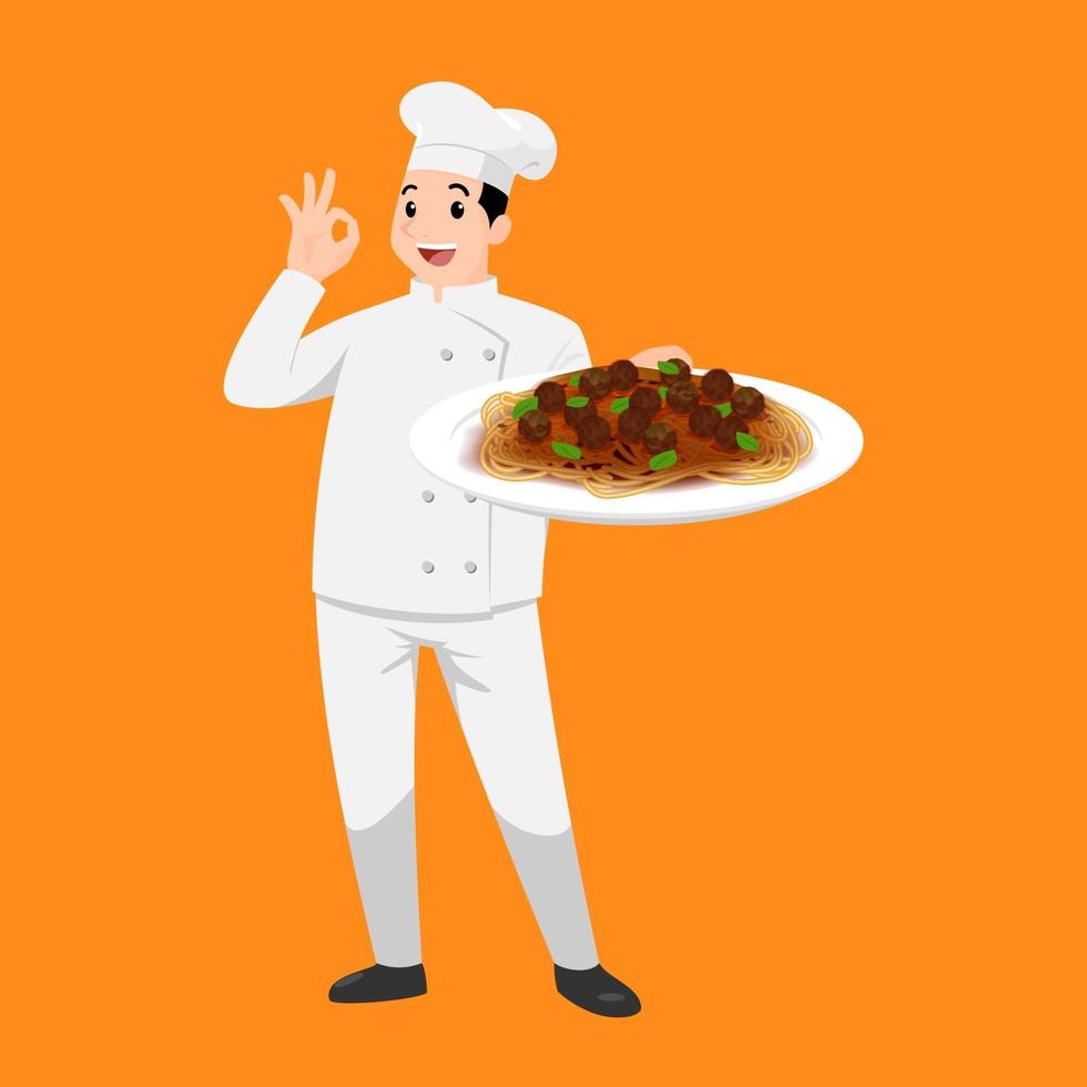 Happy chef, cartoon portrait of young cook wearing hat and chef uniform holding plate of spaghetti and doing OK sign gesture. vector