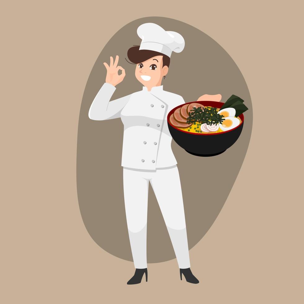 chef feliz, caricatura, retrato, de, joven, cocinero, llevando, sombrero, y, chef, uniforme, tenencia, tazón de fuente de ramen, y, hacer, ok, señal, gesto vector