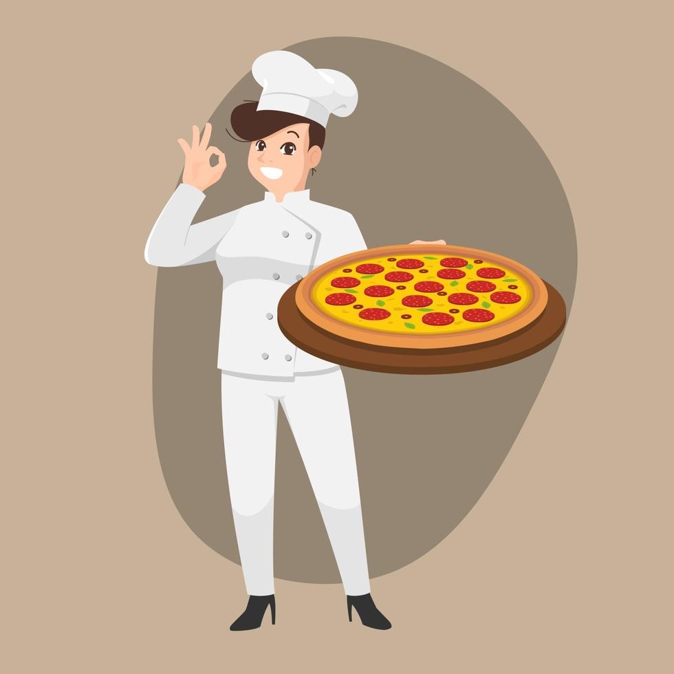 Happy chef, cartoon portrait of young cook wearing hat and chef uniform holding pizza and doing OK sign gesture vector