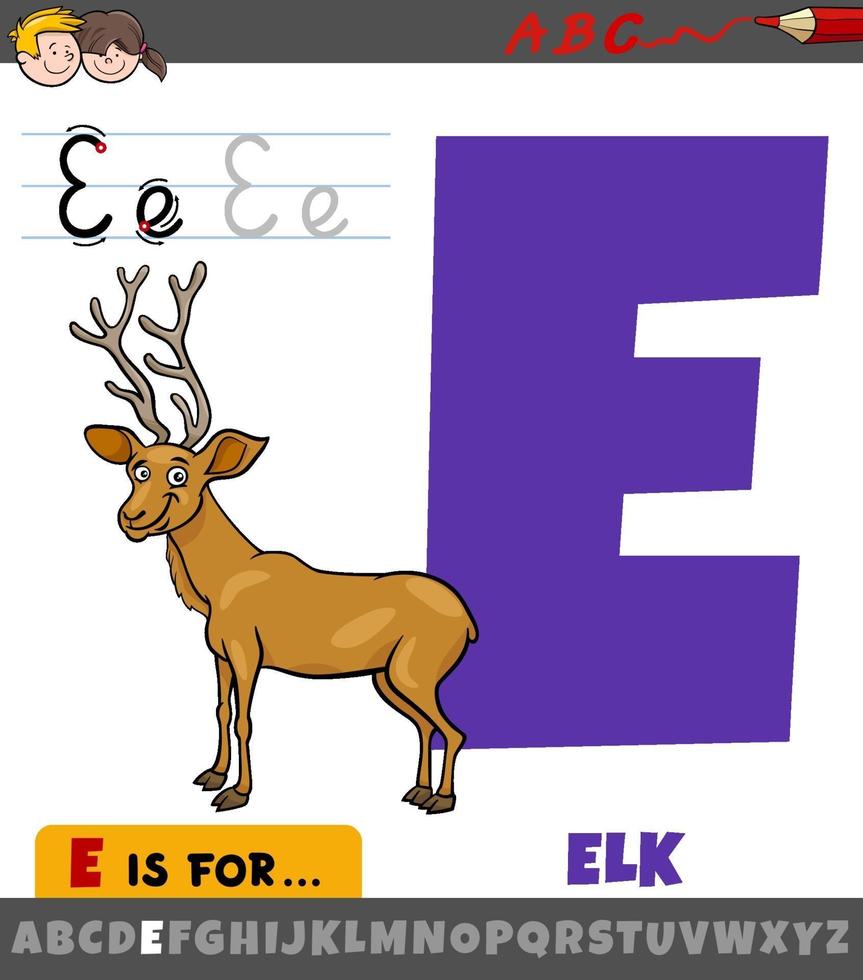 letter E from alphabet with cartoon elk animal character vector