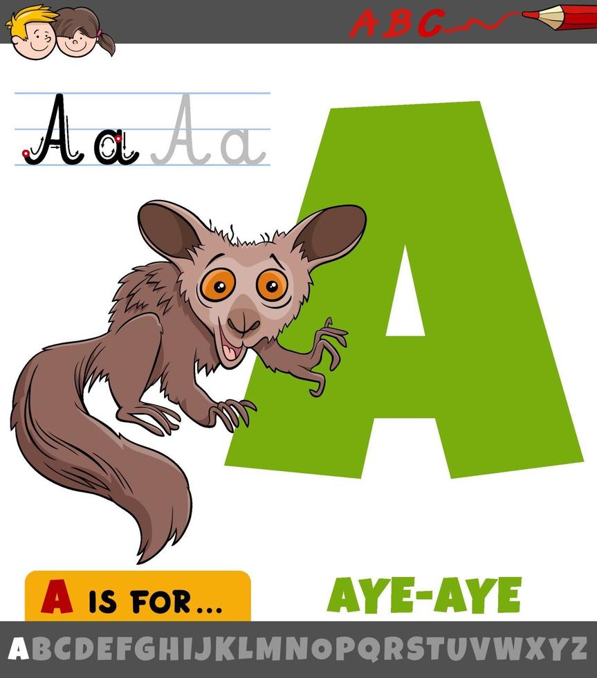 Letra a del alfabeto con personaje de dibujos animados aye-aye animal vector