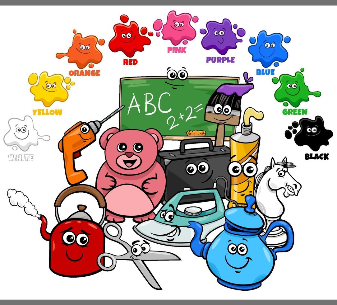 colores básicos para niños con grupo de personajes objeto vector